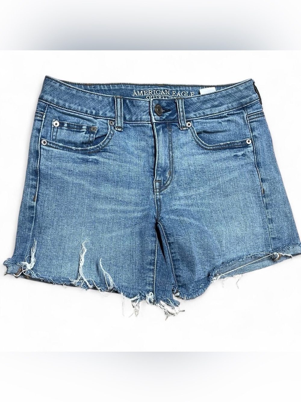 American Eagle Midi Boy Shorts Womens Size 2 Cut Off Dark Wash Blue Stretch - Picture 1 of 6